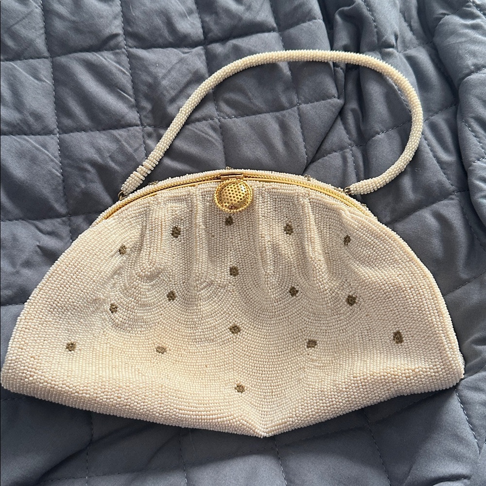 Vintage Julius Garfinckel Magid White Beaded Clutch with Gold Trim